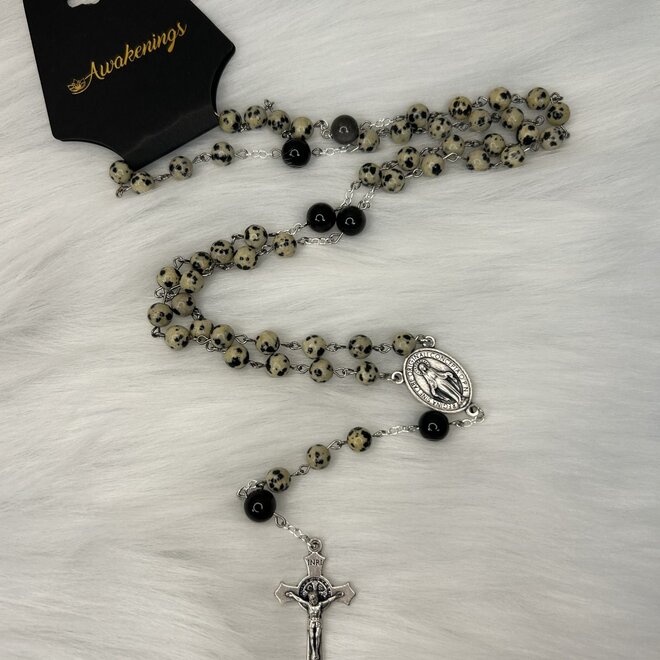 Dalmatian Jasper & Black Moonstone Rosary Local Hand Made