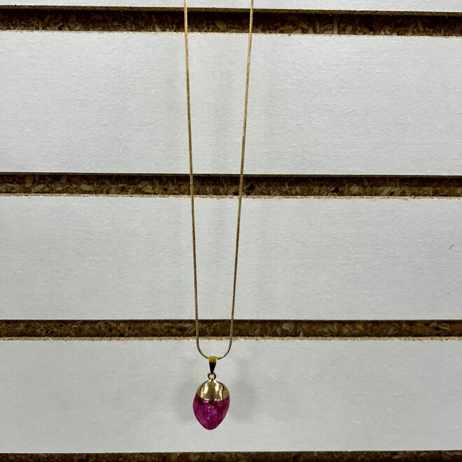 Pink Crackle Quartz Pendant on 20'' Gold Plated Chain