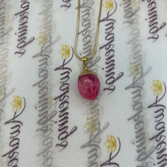 Pink Crackle Quartz Pendant on 20'' Gold Plated Chain