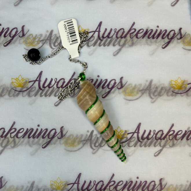 Spiral Sea Shell Pendulum Green Wire Wrapped Local Hand Made Lava Stone