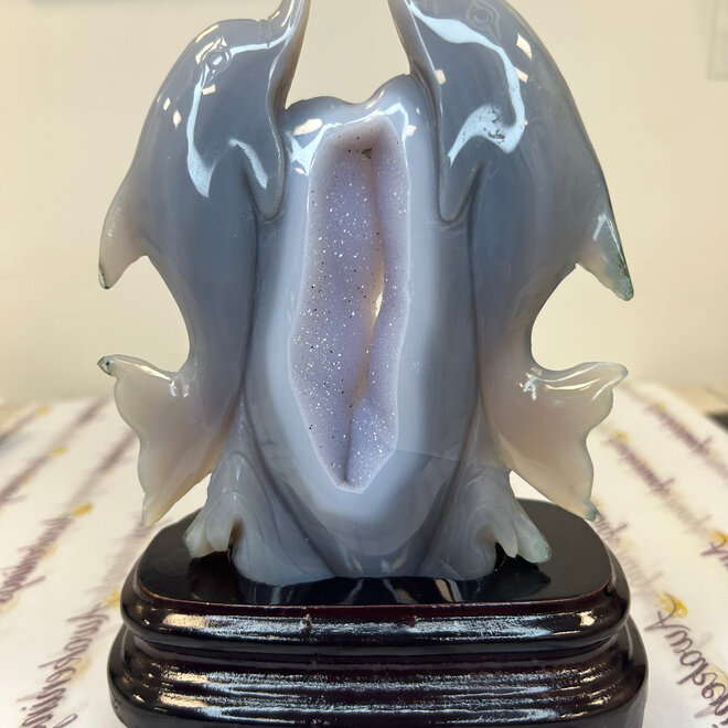 Blue Lace Agate Twin Dolphins Druzy with Wood Stand