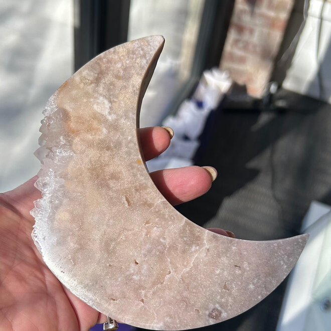 Pink Amethyst Druzy Crescent Moon with Stand