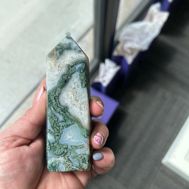 Moss Agate Obelisk Tower Point - Large - 5''