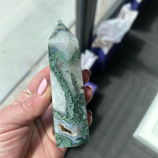 Moss Agate Obelisk Tower Point - Large - 5''