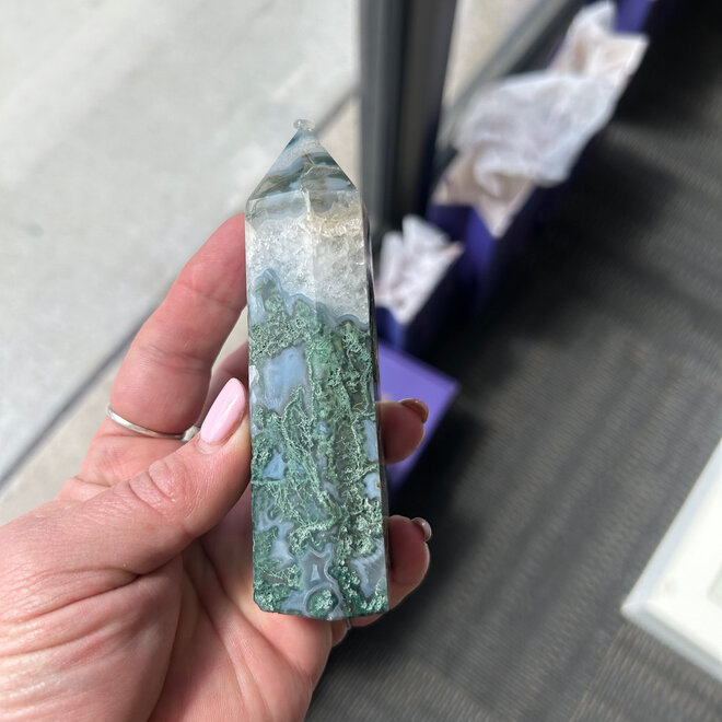 Moss Agate Obelisk Tower Point - Large - 5''