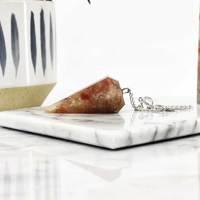 Sunstone Pendulums - Dowsing Hexagonal Faceted Cone Point Divination - Silver Chain Crystal Gemstone