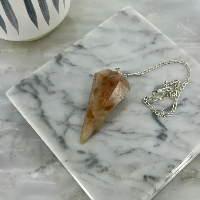 Sunstone Pendulums - Dowsing Hexagonal Faceted Cone Point Divination - Silver Chain Crystal Gemstone