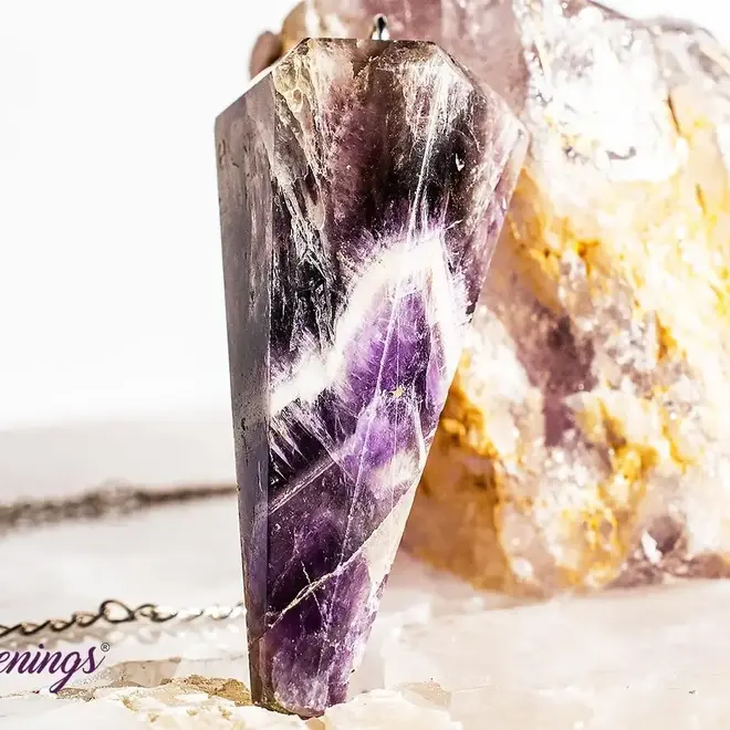 Chevron Amethyst Pendulum-Dowsing Hexagonal Faceted Cone Point Divination-Silver Chain-Crystal Gemstone