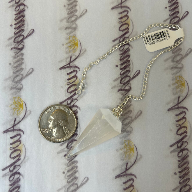 Selenite (Satin Spar Gypsum) Pendulum - Dowsing Hexagonal Faceted Cone Point Divination - Silver Chain Crystal Gemstone