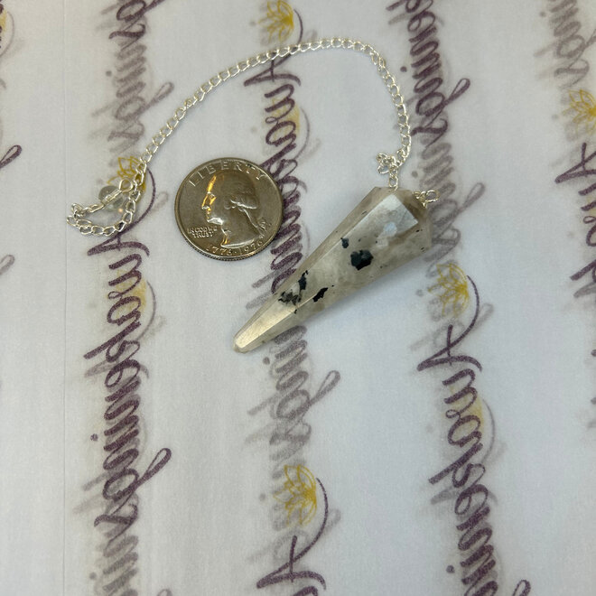 Rainbow Moonstone Pendulum-Dowsing Hexagonal Faceted Cone Point Divination-Silver Chain-Crystal Gemstone