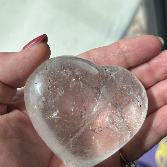 Clear Quartz Palm Heart with Rainbow Inclusions Large 7.5oz