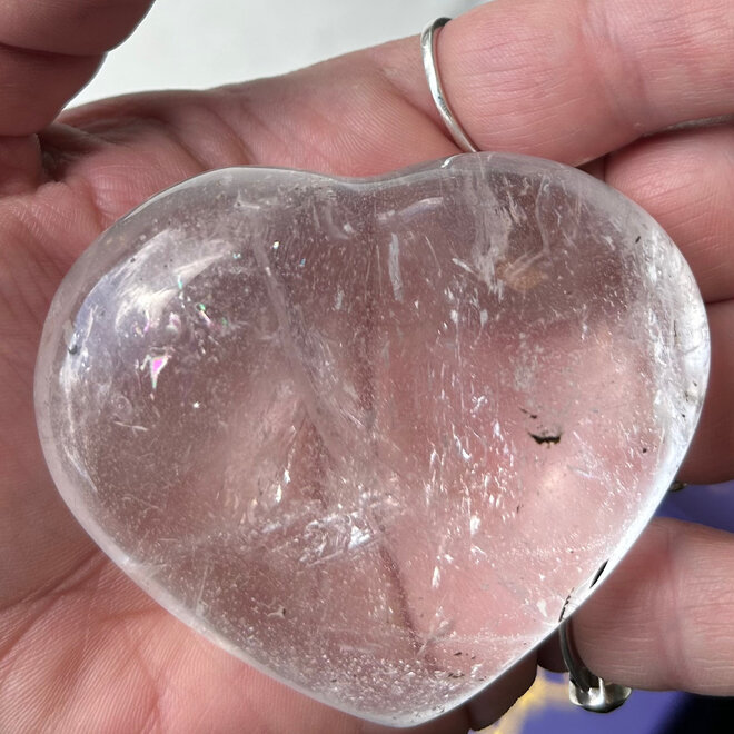 Clear Quartz Palm Heart with Rainbow Inclusions Large 7.5oz