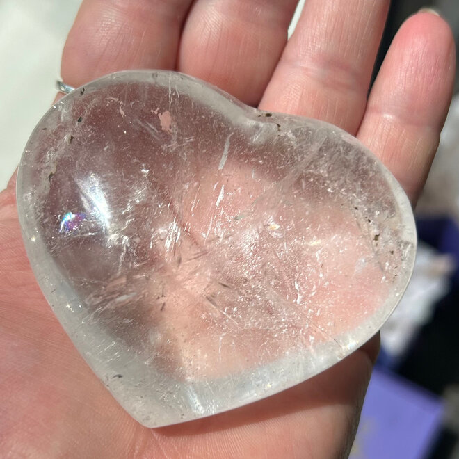 Clear Quartz Palm Heart with Rainbow Inclusions Large 7.5oz
