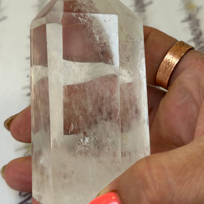 Clear Quartz Tower Large 4'' with Wooden Base