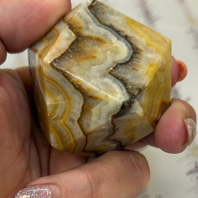 White Brown Tan Onyx 14 sided Polygon