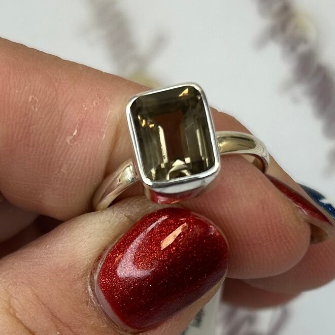 Faceted Smokey Quartz Ring Sterling Silver Size 10