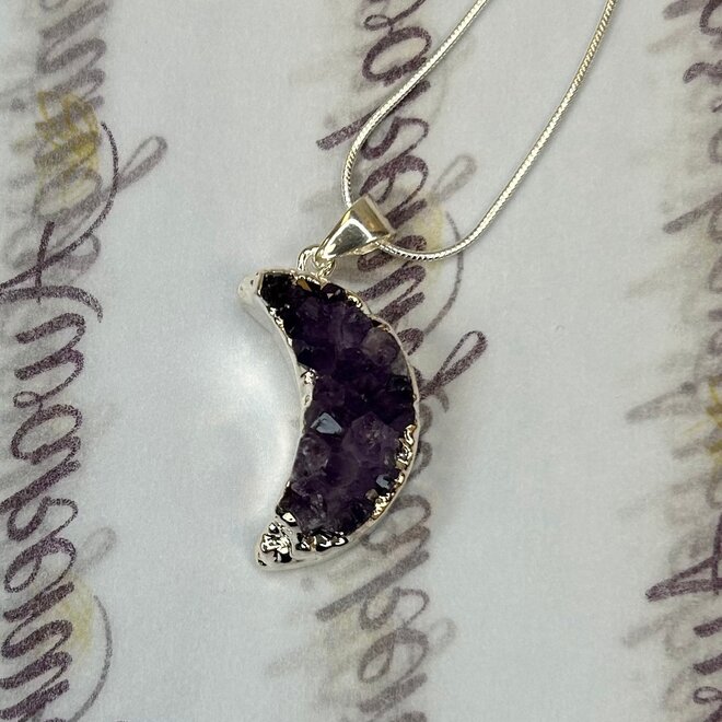 Amethyst Druzy Moon Pendant on Sterling Silver Chain 18''