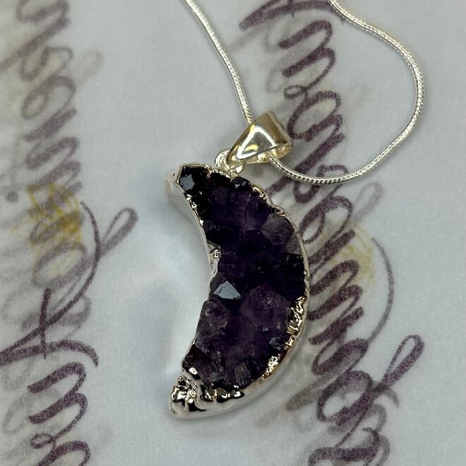 Amethyst Druzy Moon Pendant on Sterling Silver Chain 18''