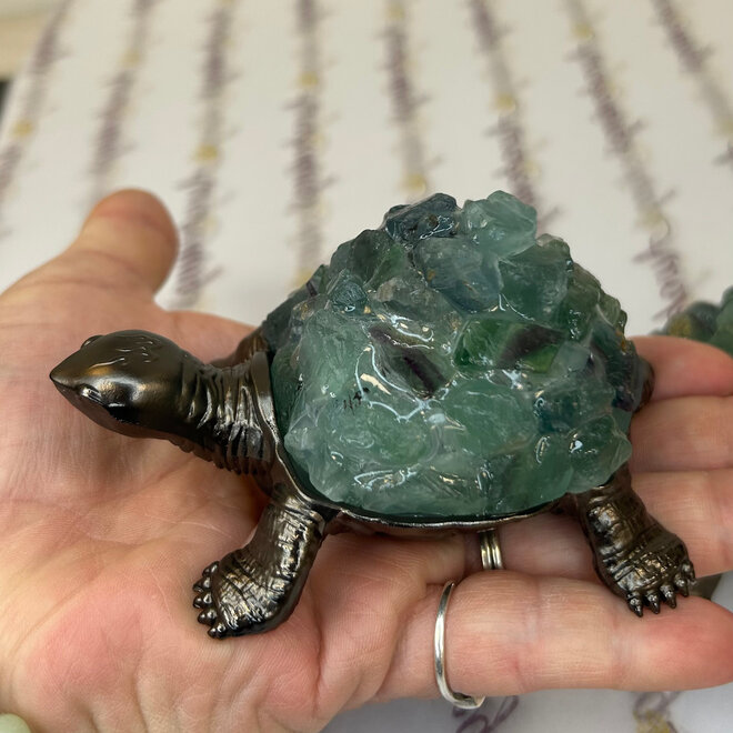 Rainbow Fluorite Turtle - Druzy 4.5" Dark Brass Color - Rough Raw Natural Carving