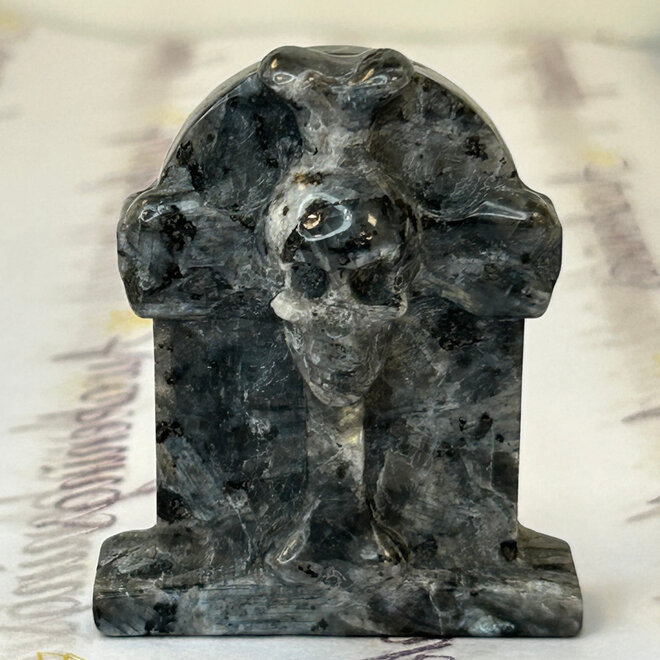 Black Labradorite Grave Head Stones Carvings Skull 2'' x 2''