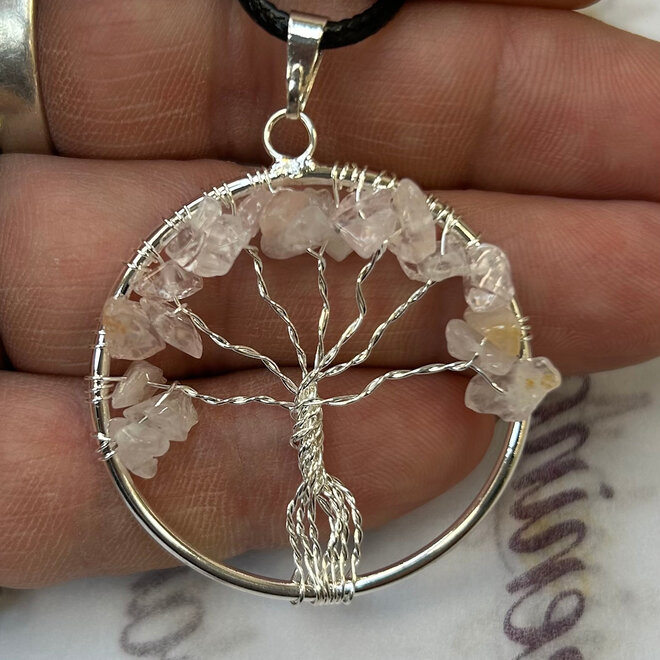 Rose Quartz Chip Tree of Life on 19'' Wax Cord