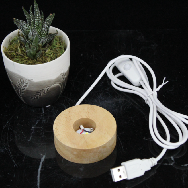 Small Wood Base Crystal Lamp Light Round Sphere LED - 2.5" USB Port