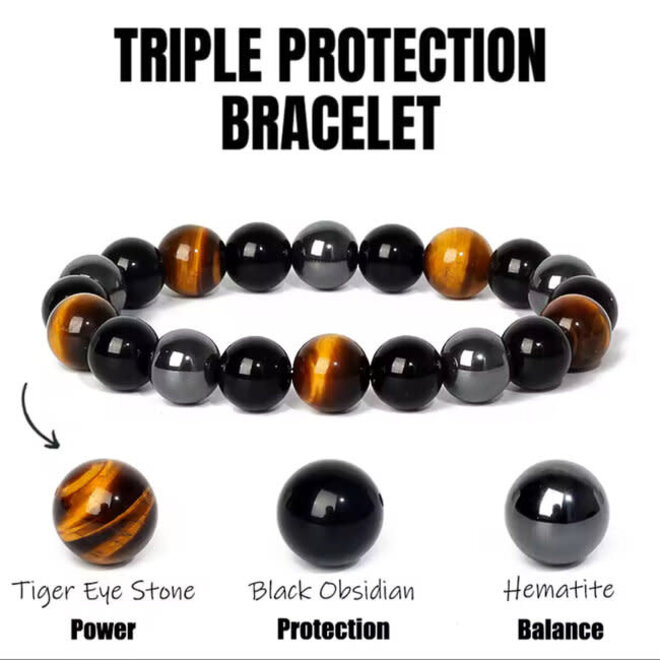 Triple Protection - 4mm -Black Obsidian, Hematite & Gold Tiger Eye (Power & Protection) Bracelets - 4mm