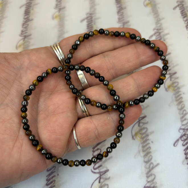 Triple Protection - 4mm -Black Obsidian, Hematite & Gold Tiger Eye (Power & Protection) Bracelets - 4mm