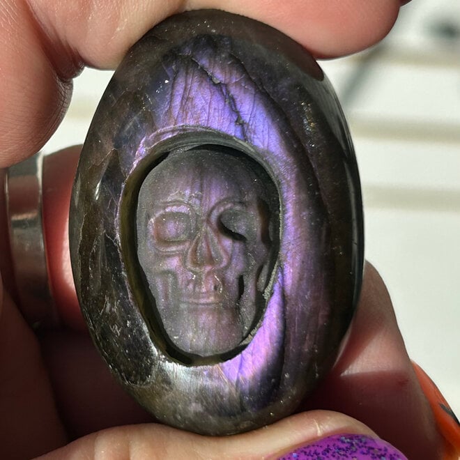 Purple Lab Skull Carved Palm Stone 2'' X 1''