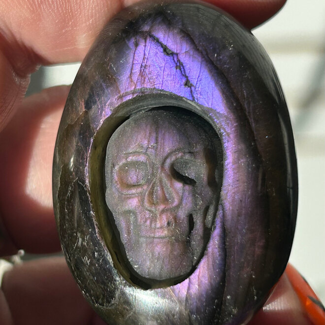 Purple Lab Skull Carved Palm Stone 2'' X 1''