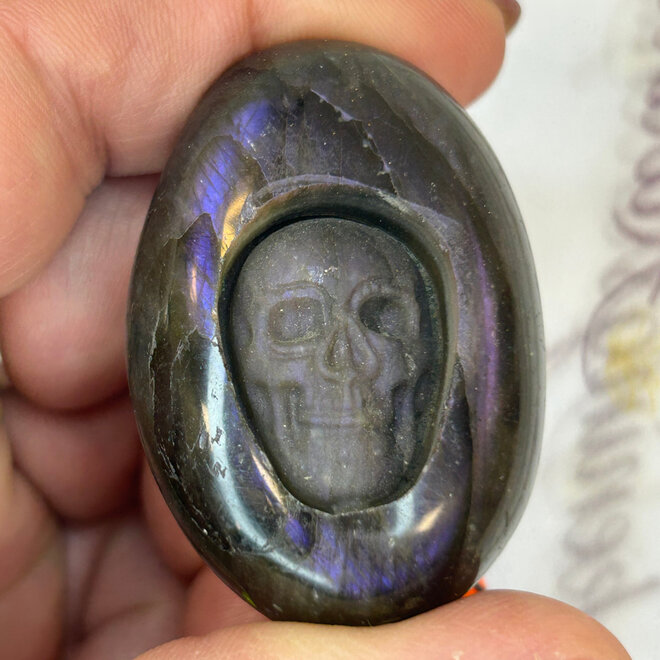 Purple Lab Skull Carved Palm Stone 2'' X 1''