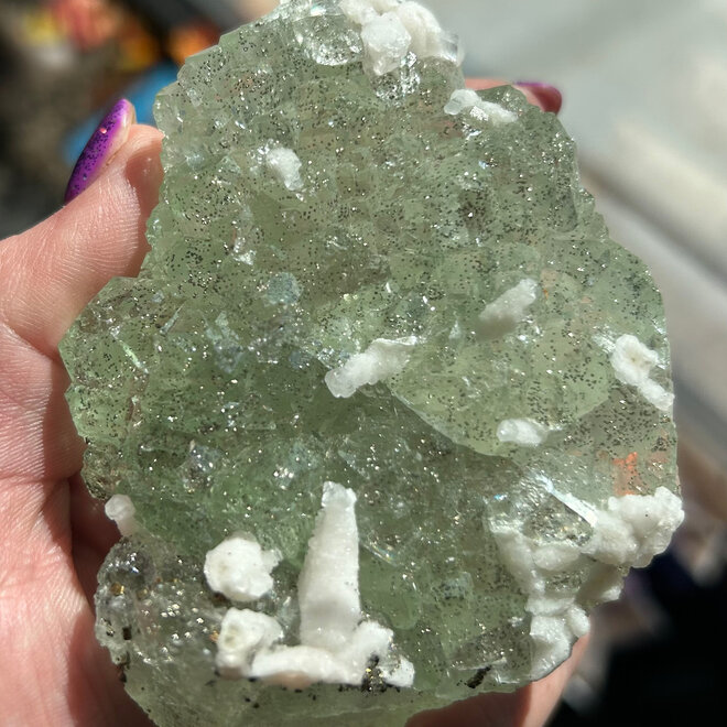 Raw Green Fluorite with Pyrite & Calcite 3'' x 4'' x 1.5 & 13.3 oz
