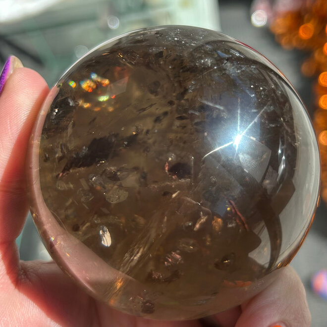Smoky Smokey Quartz Sphere Orb (Rainbow Inclusions) 78mm