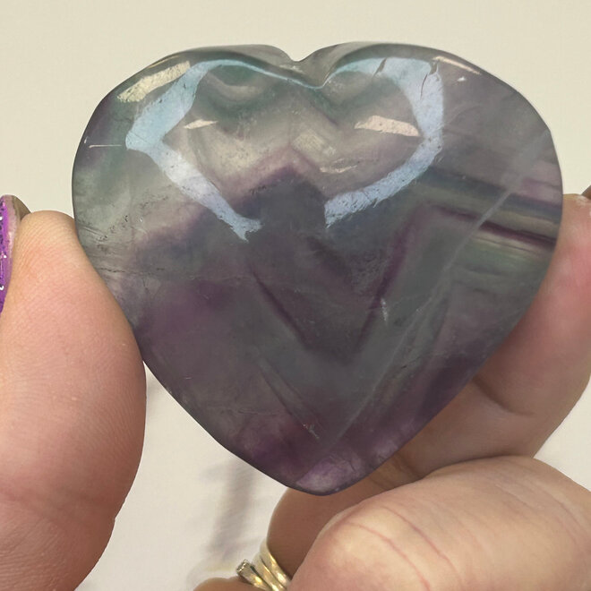 Rainbow Fluorite Puffy Heart - Large  With Plastic Stand