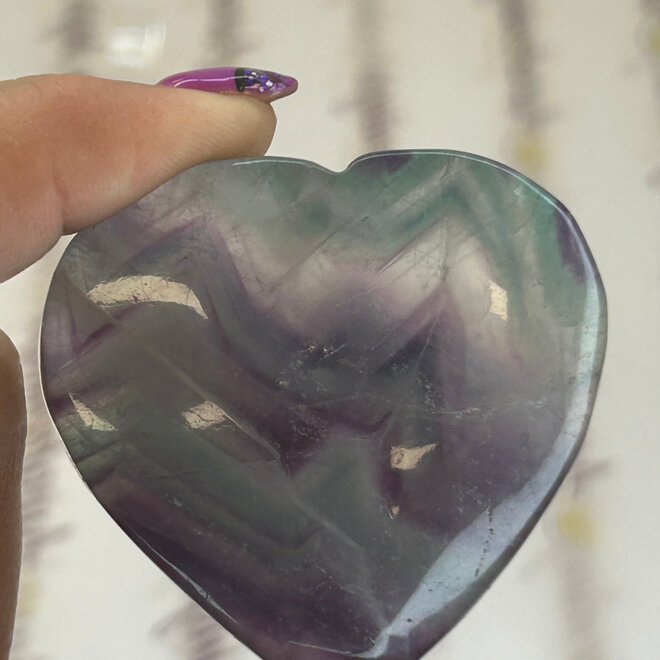 Rainbow Fluorite Puffy Heart - Large  With Plastic Stand