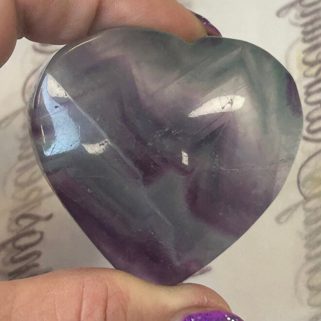 Rainbow Fluorite Puffy Heart - Large  With Plastic Stand