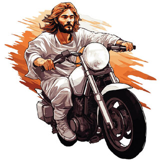 Jesus Christ on Motorbike Decal - Fun & Spiritual Sticker, Over 4" Wide