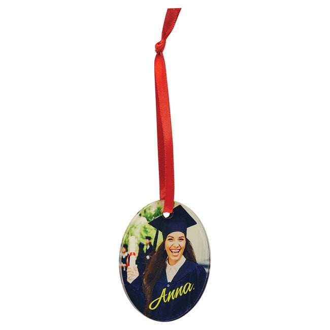 2 1/4" x 3" Oval Acrylic Ornament with Red Ribbon - Custom Full-Color Printing