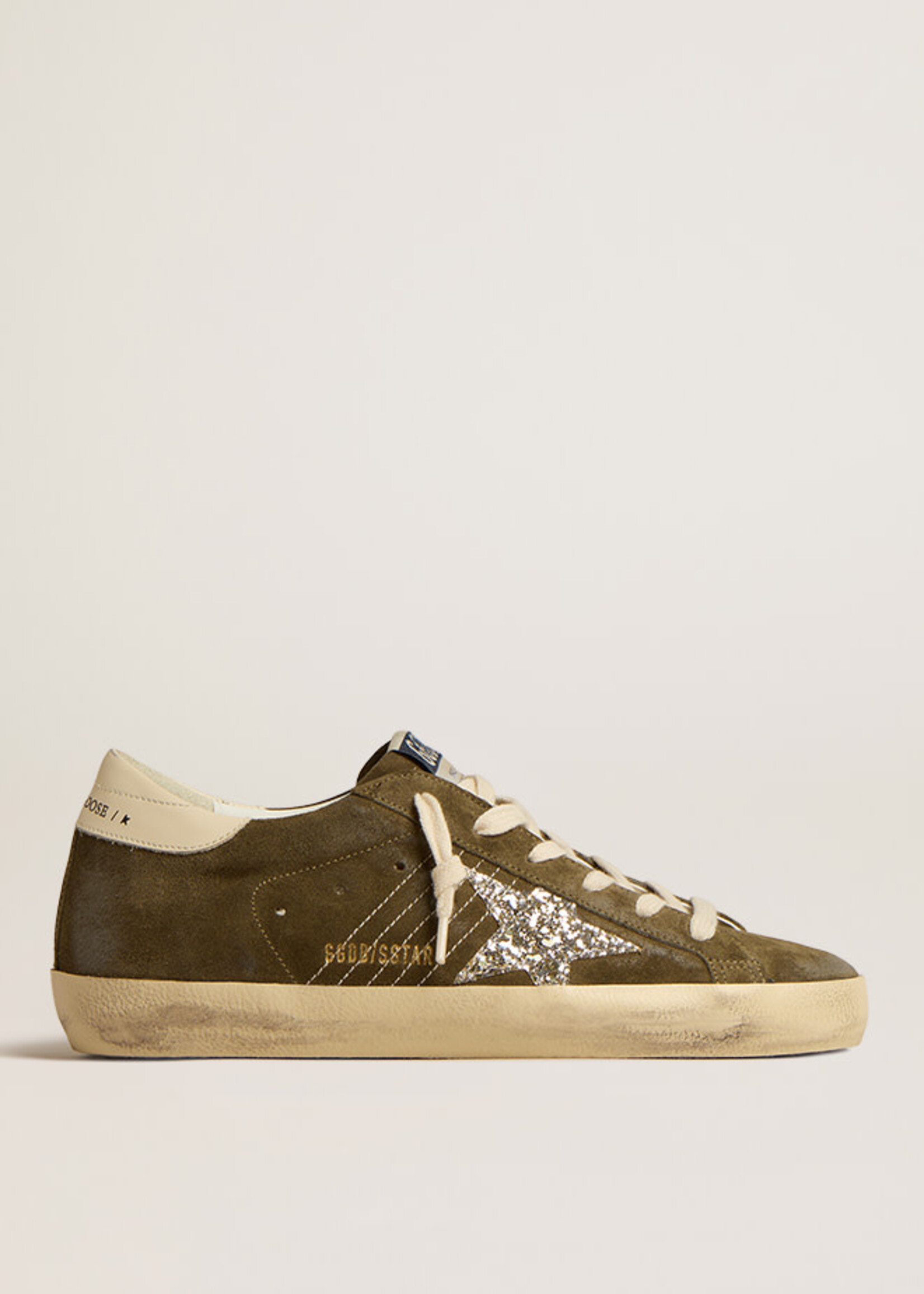 Golden Goose Super Star- Olive- Suede Upper Glitter Star Leather Heel