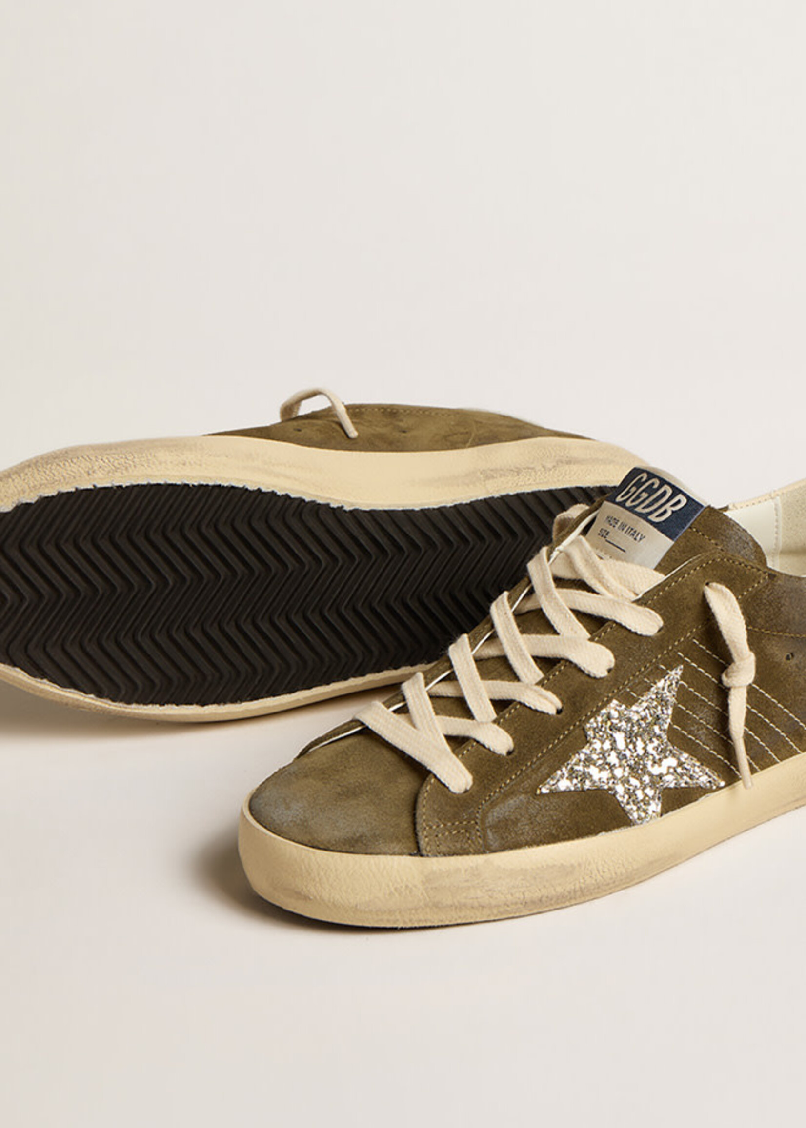 Golden Goose Super Star- Olive- Suede Upper Glitter Star Leather Heel