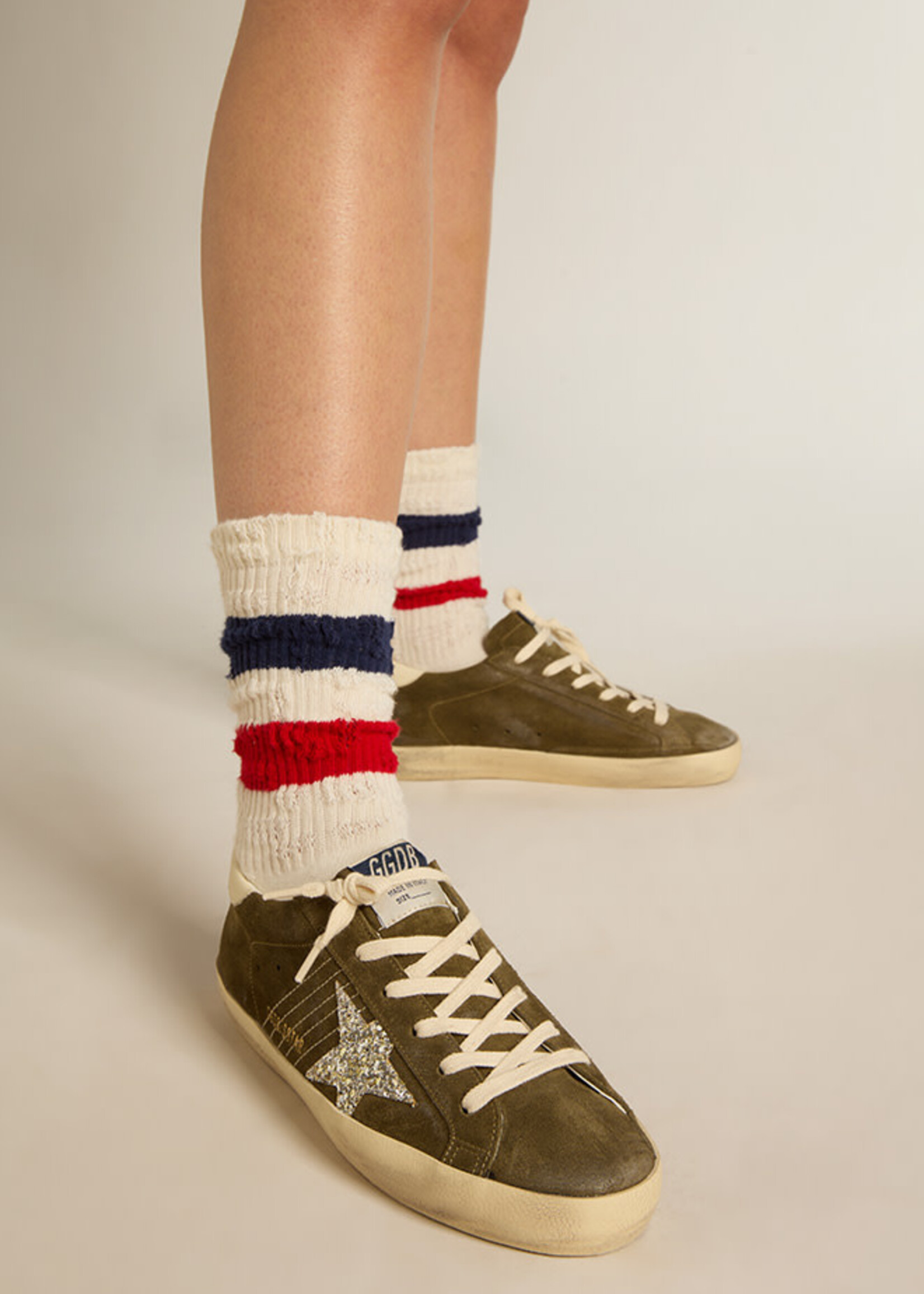 Golden Goose Super Star- Olive- Suede Upper Glitter Star Leather Heel