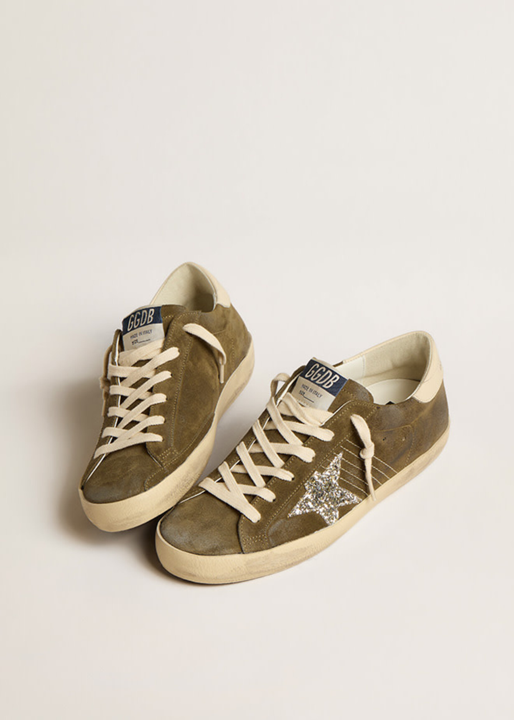 Golden Goose Super Star- Olive- Suede Upper Glitter Star Leather Heel