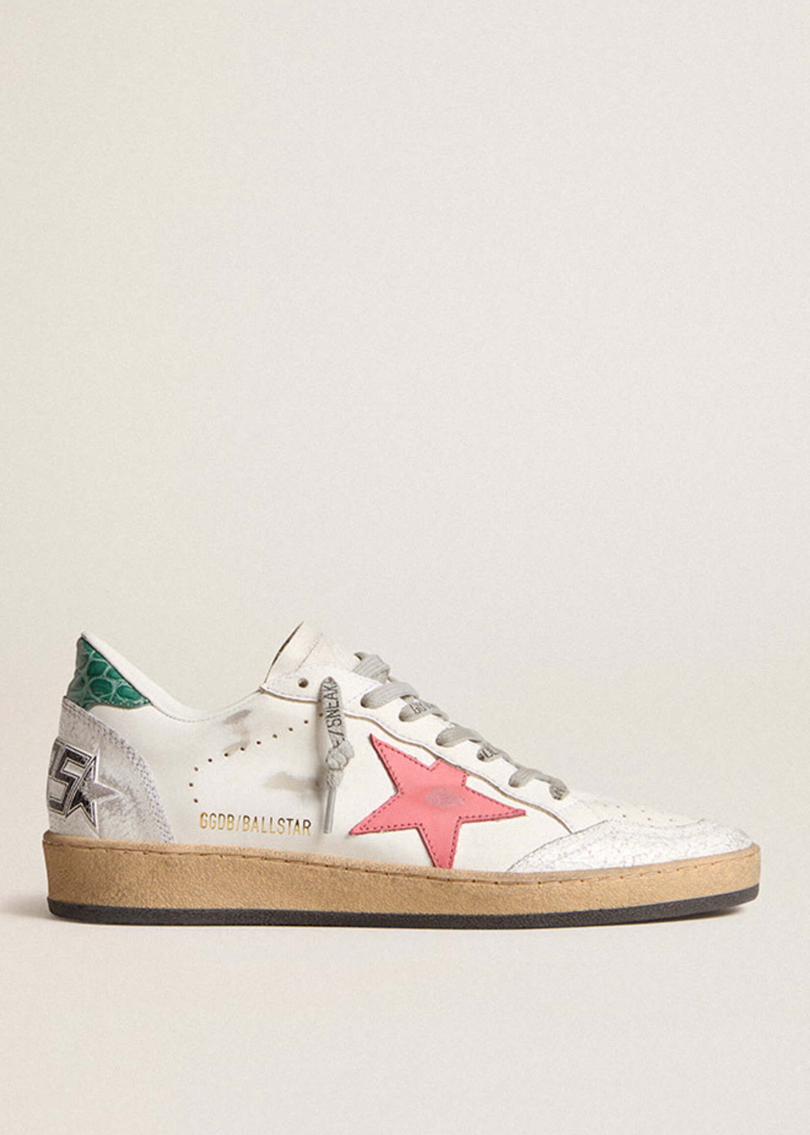 Golden Goose Ballstar- White/Pink- Leather Upper and Star Crack Toe and Spur Cocco Printed Heel