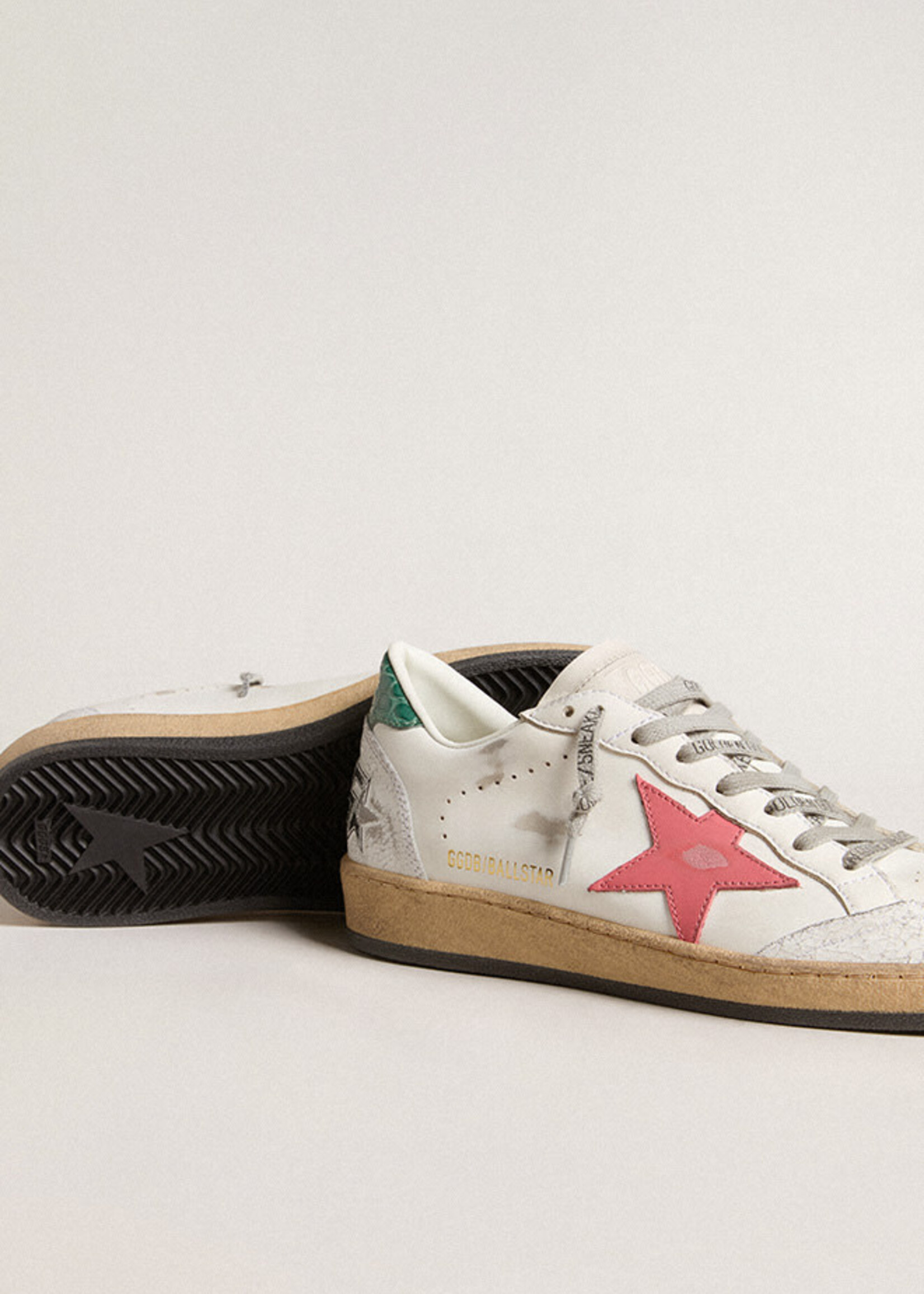 Golden Goose Ballstar- White/Pink- Leather Upper and Star Crack Toe and Spur Cocco Printed Heel