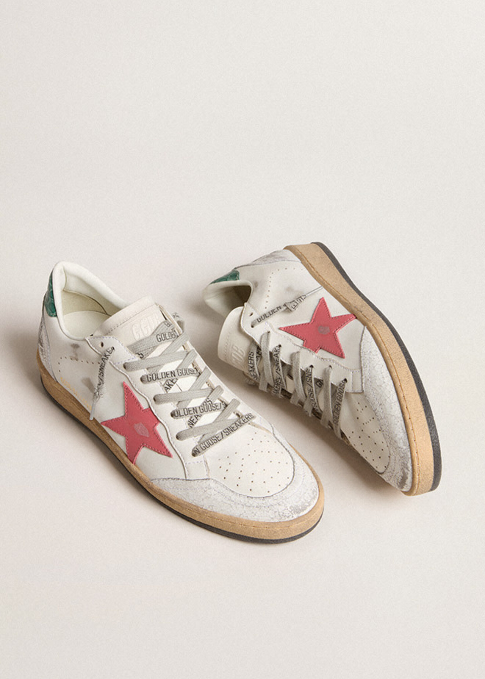 Golden Goose Ballstar- White/Pink- Leather Upper and Star Crack Toe and Spur Cocco Printed Heel