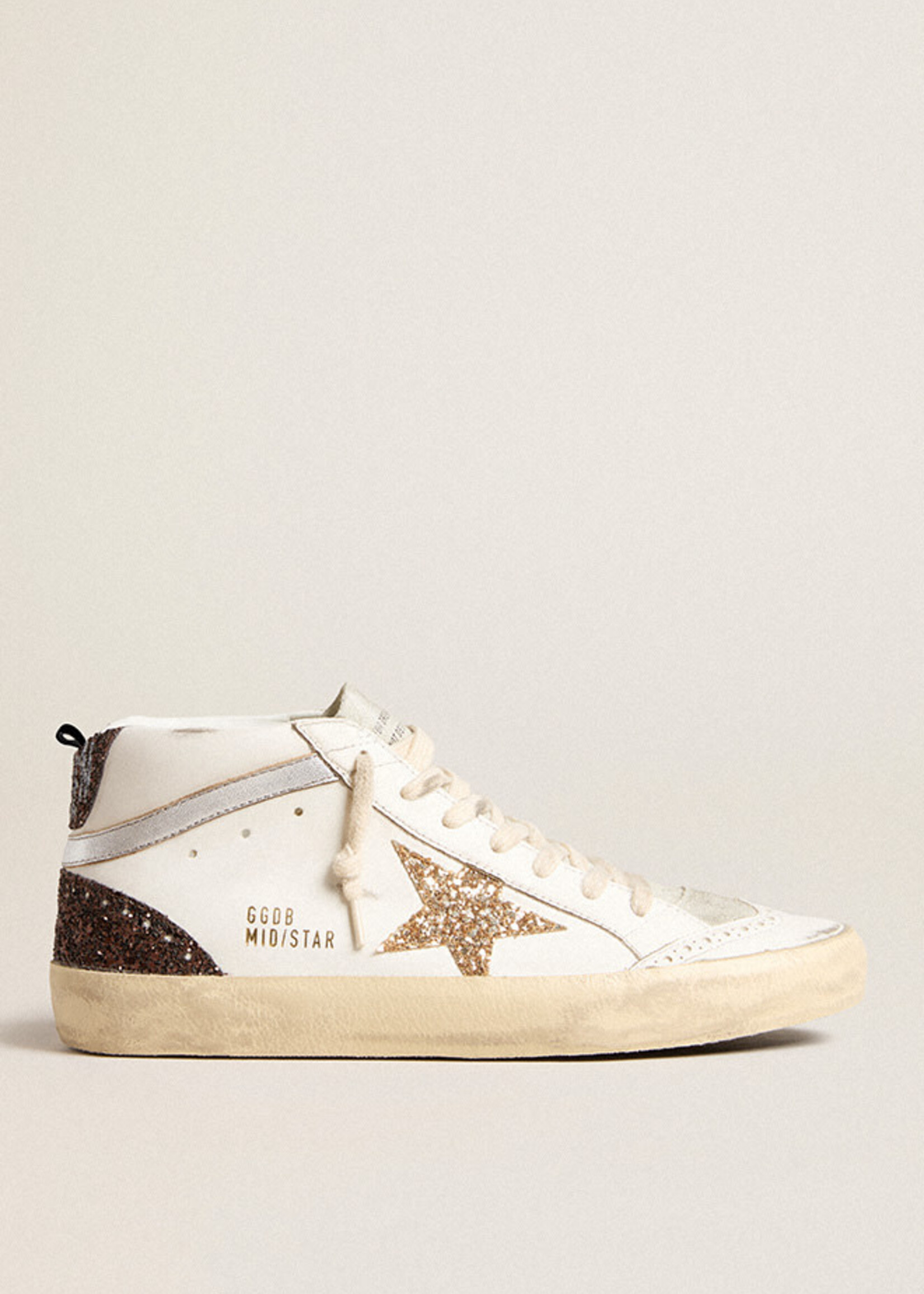 Golden Goose Mid Star- White/Gold- Leather Upper and Toe Glitter Star Heel and Spur Laminated Wave