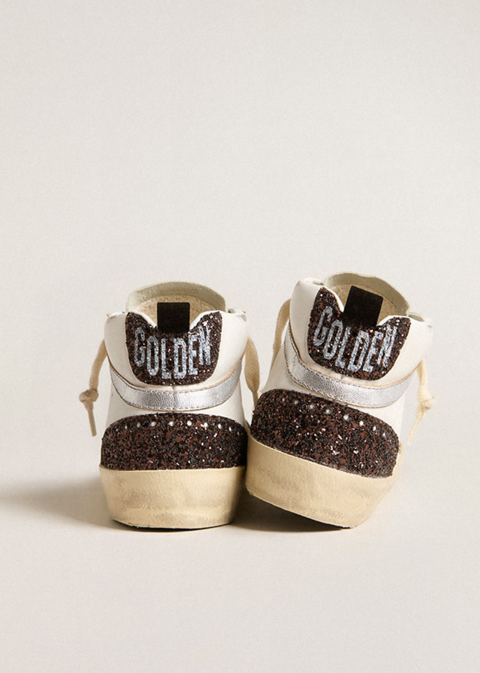 Golden Goose Mid Star- White/Gold- Leather Upper and Toe Glitter Star Heel and Spur Laminated Wave