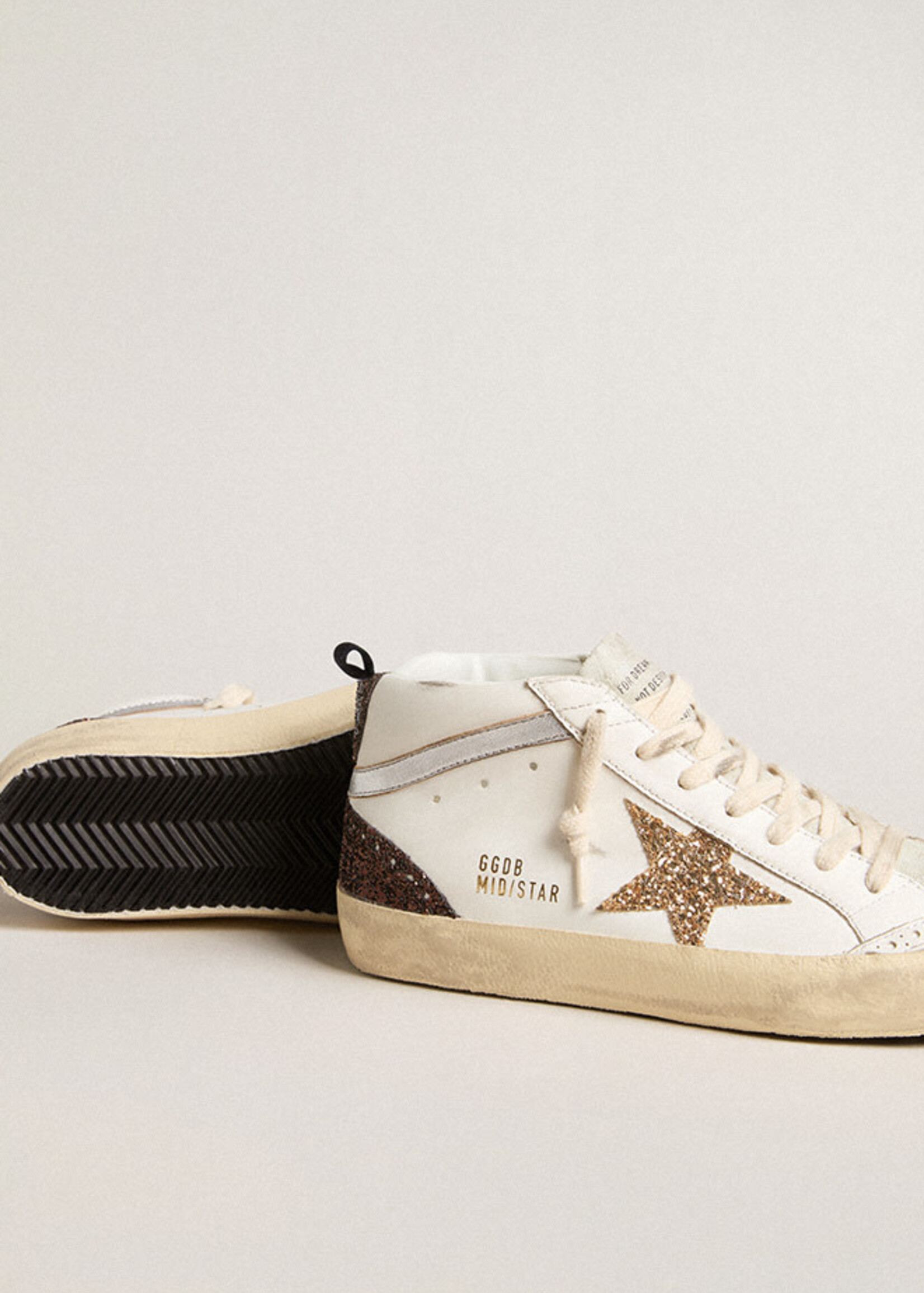 Golden Goose Mid Star- White/Gold- Leather Upper and Toe Glitter Star Heel and Spur Laminated Wave