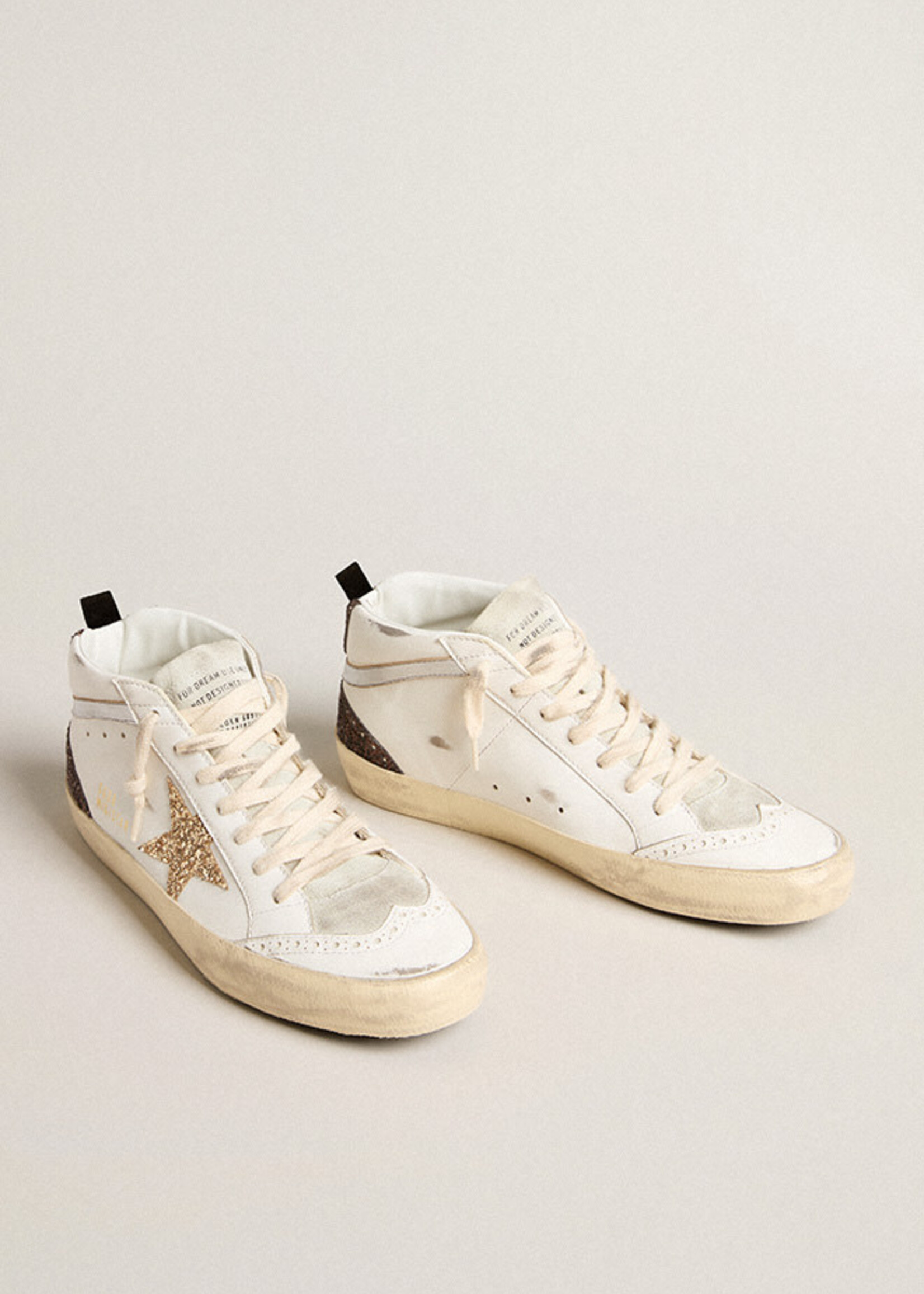 Golden Goose Mid Star- White/Gold- Leather Upper and Toe Glitter Star Heel and Spur Laminated Wave