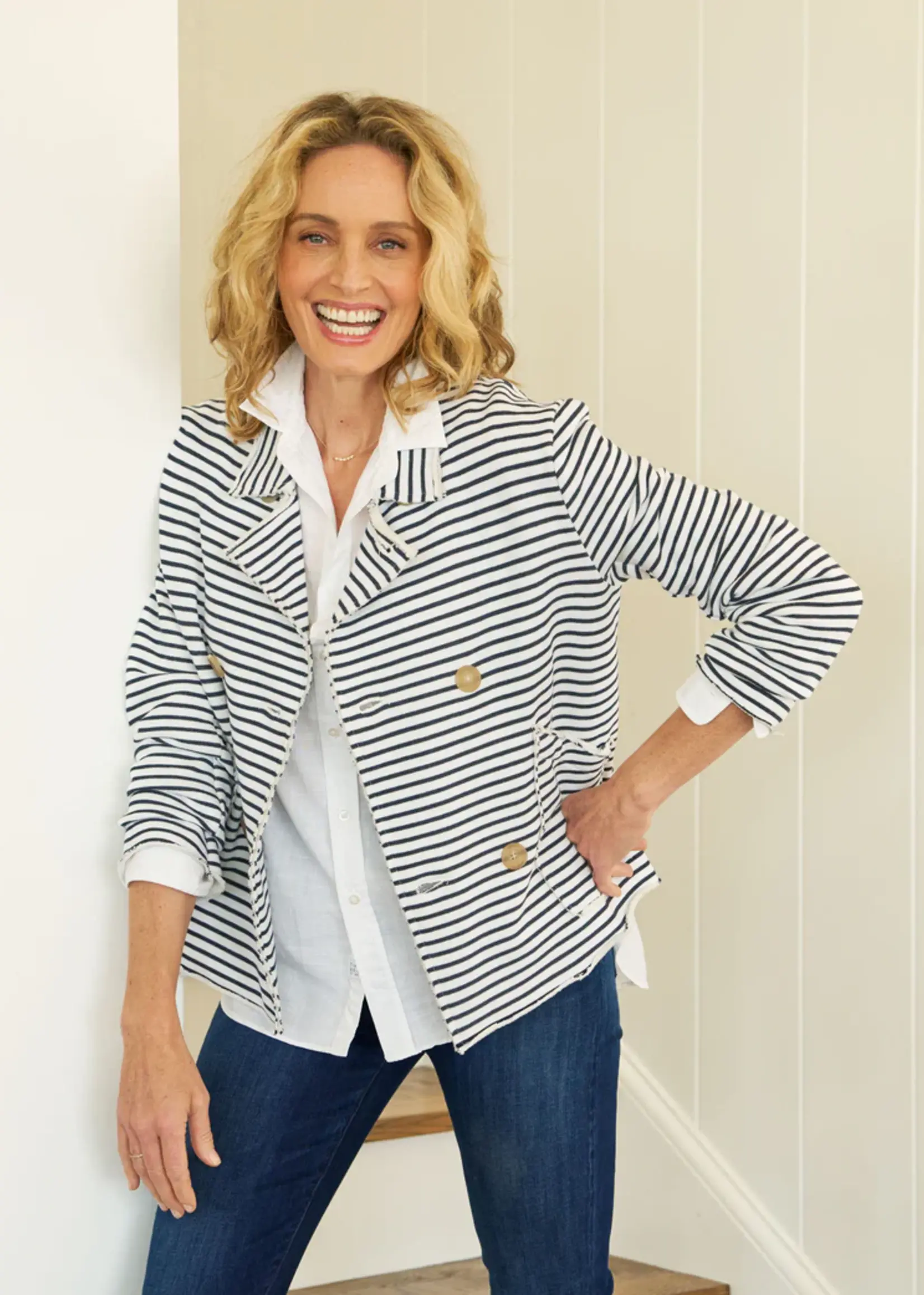Frank & Eileen Mini Belfast Cropped Peacoat- White & British Royal Navy Stripe WRBS